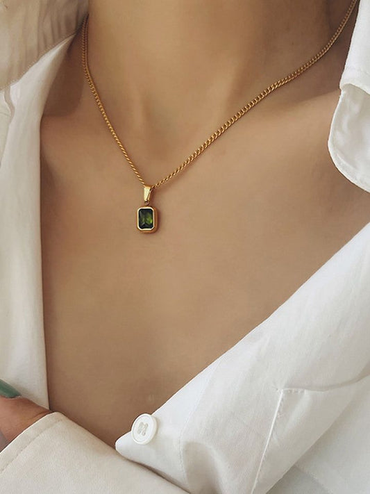 Elegant Gold Rectangular Gemstone Pendant Necklace